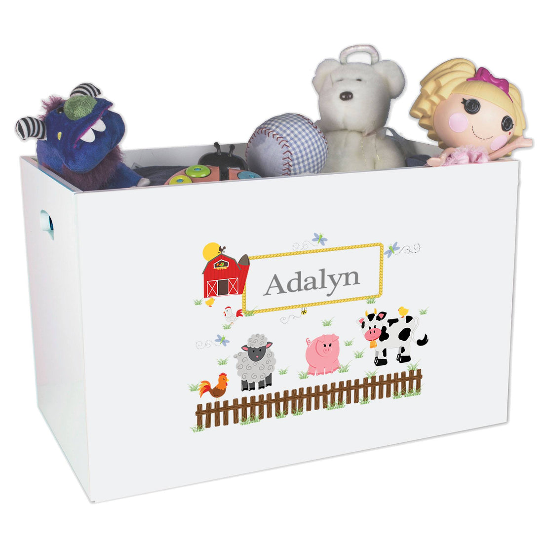 Open White Toy Box Bench with Barnyard Friends design