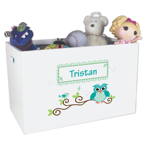 Open White Toy Box Bench with Blue Gingham Owl design