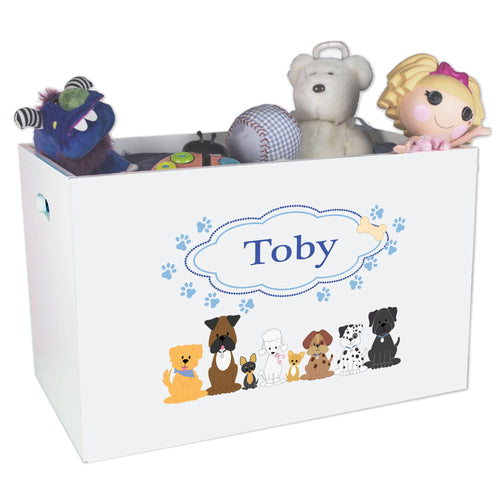 Open White Toy Box Bench with Blue Dogs design