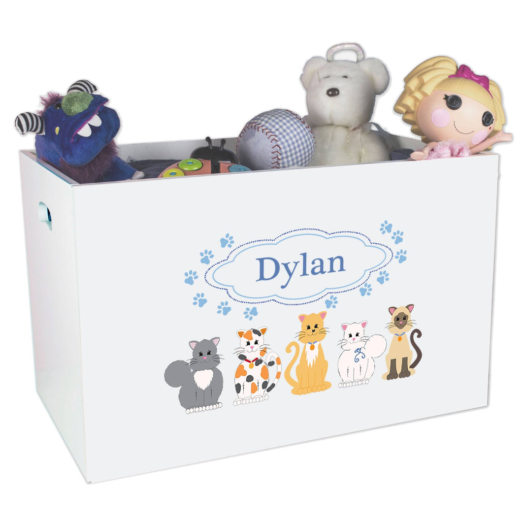 Open White Toy Box Bench with Blue Cats design