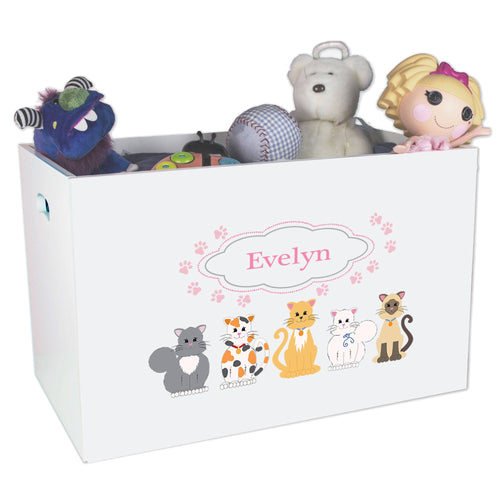 Open White Toy Box Bench with Pink Cats design