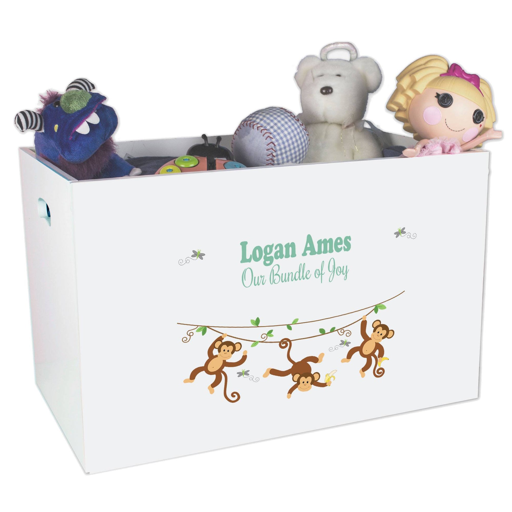 Open White Toy Box Bench with Monkey Boy design