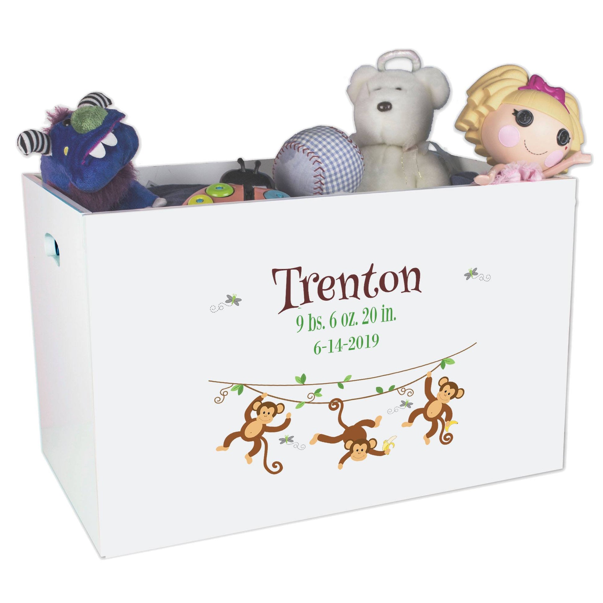 Open White Toy Box Bench with Monkey Boy design