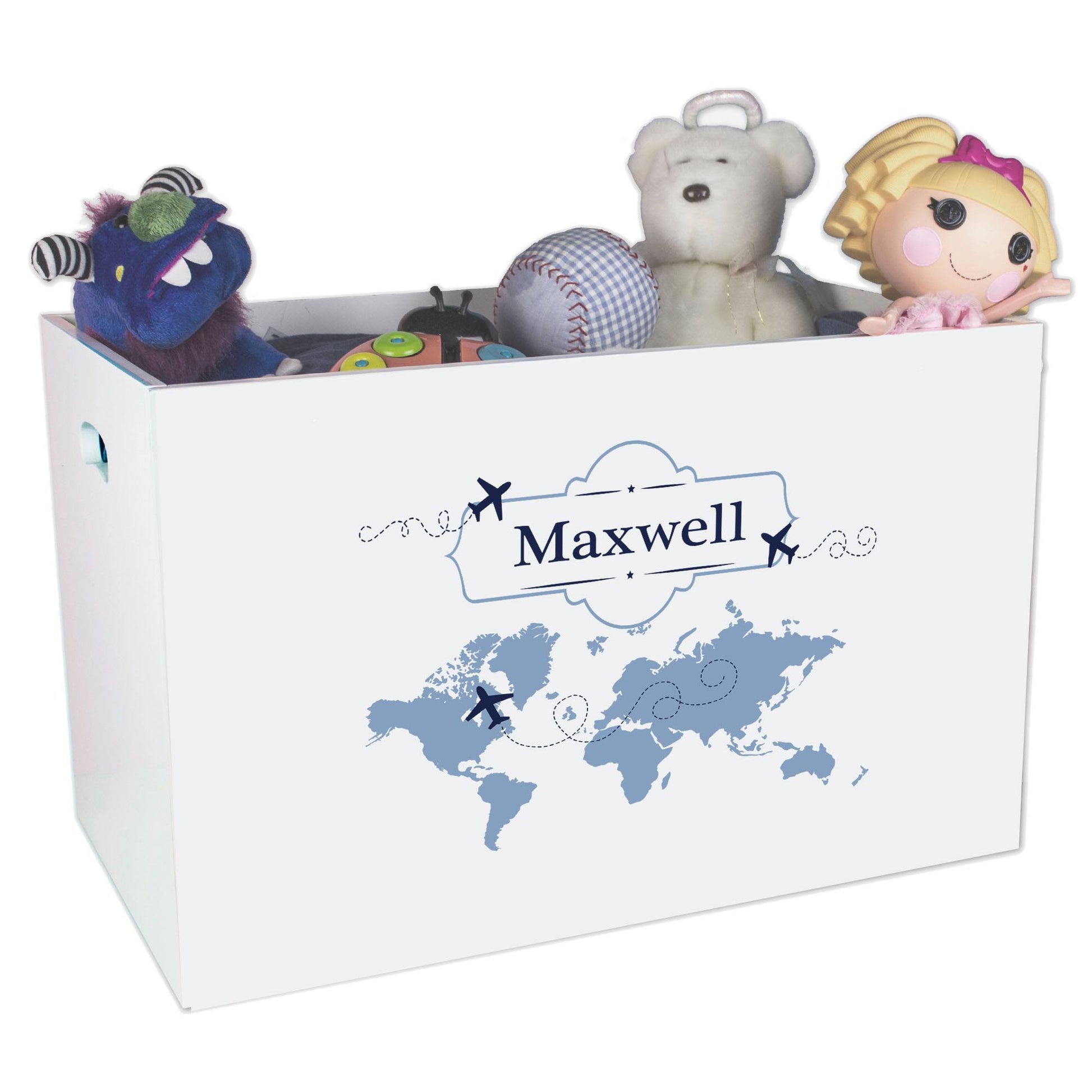 Open White Toy Box Bench with World Map Blue design