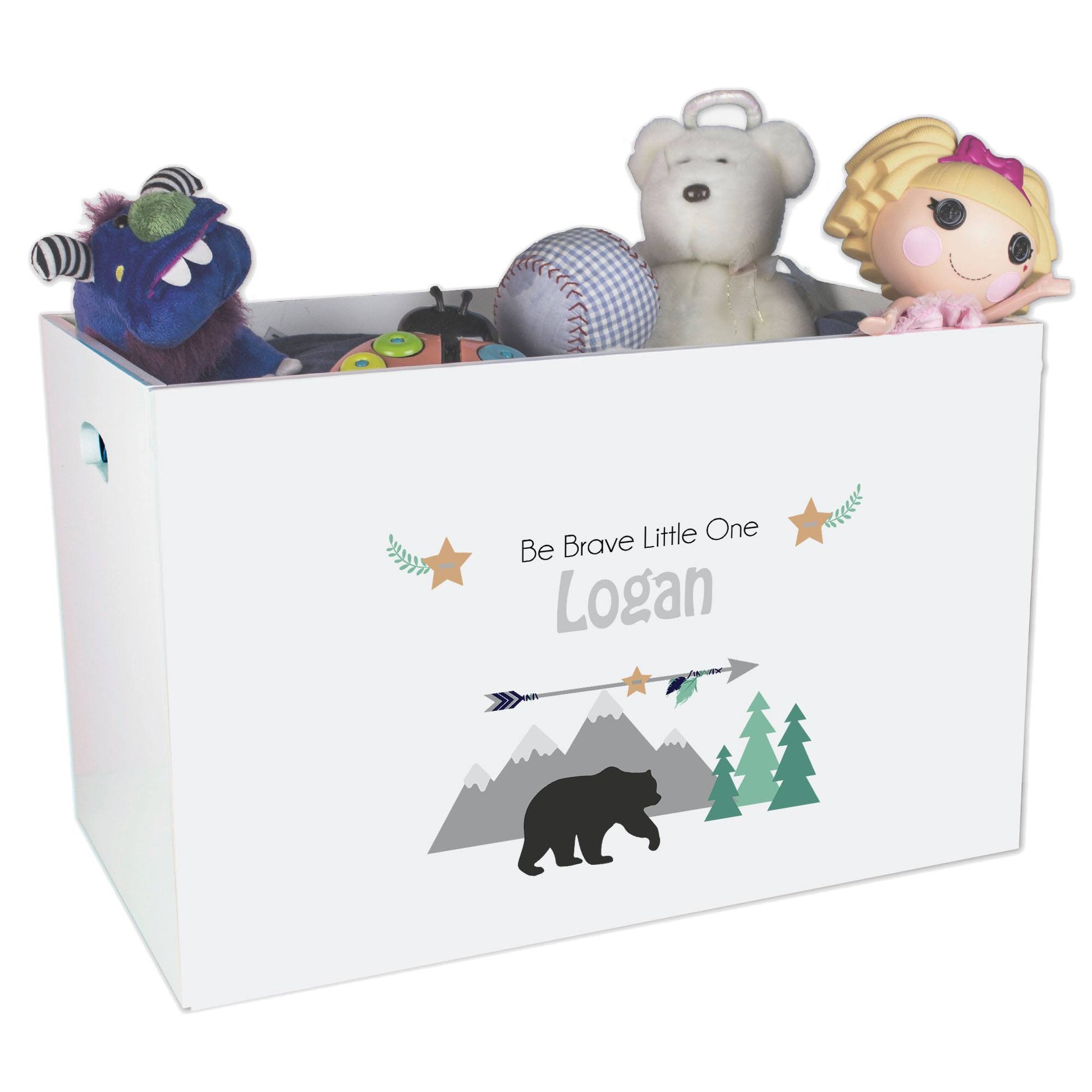 Open White Toy Box Bench with Mountain Bear design