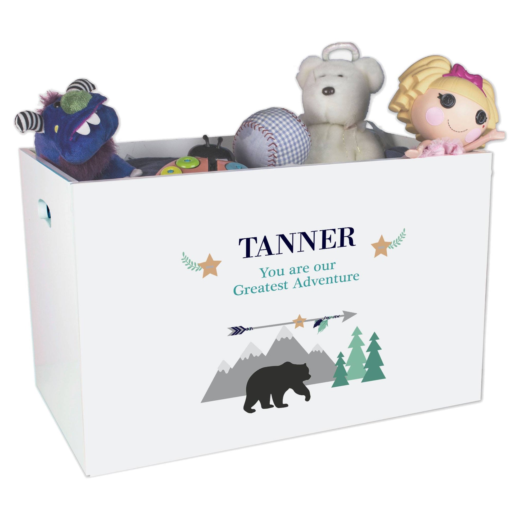 Open White Toy Box Bench with Mountain Bear design