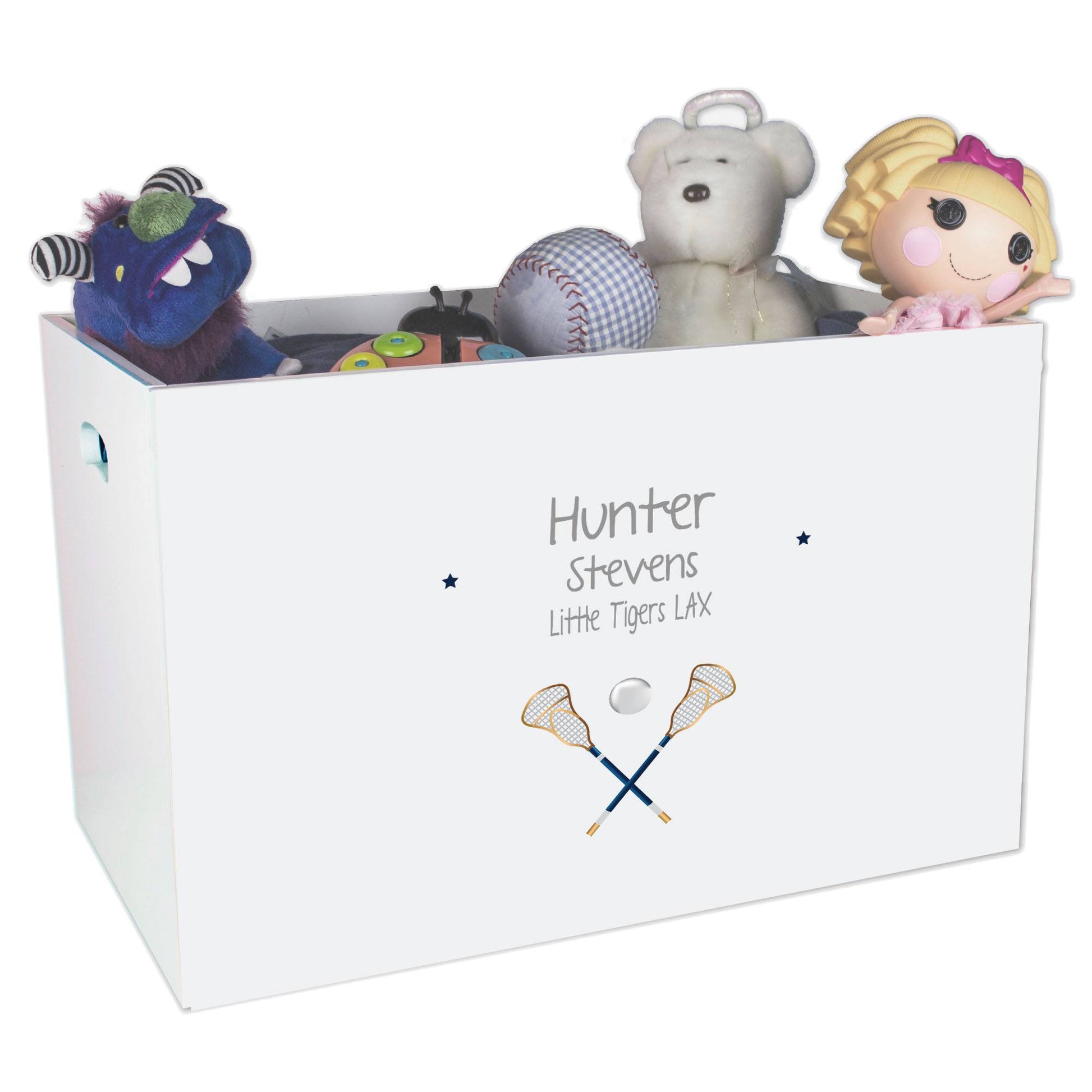 Open White Toy Box Bench with Lacrosse Sticks design