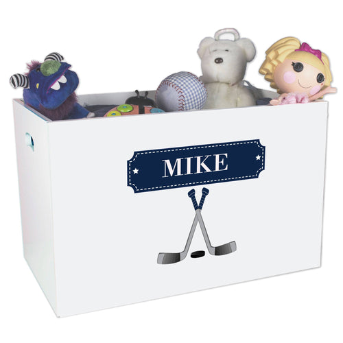 Open White Toy Box Bench with Ice Hockey design