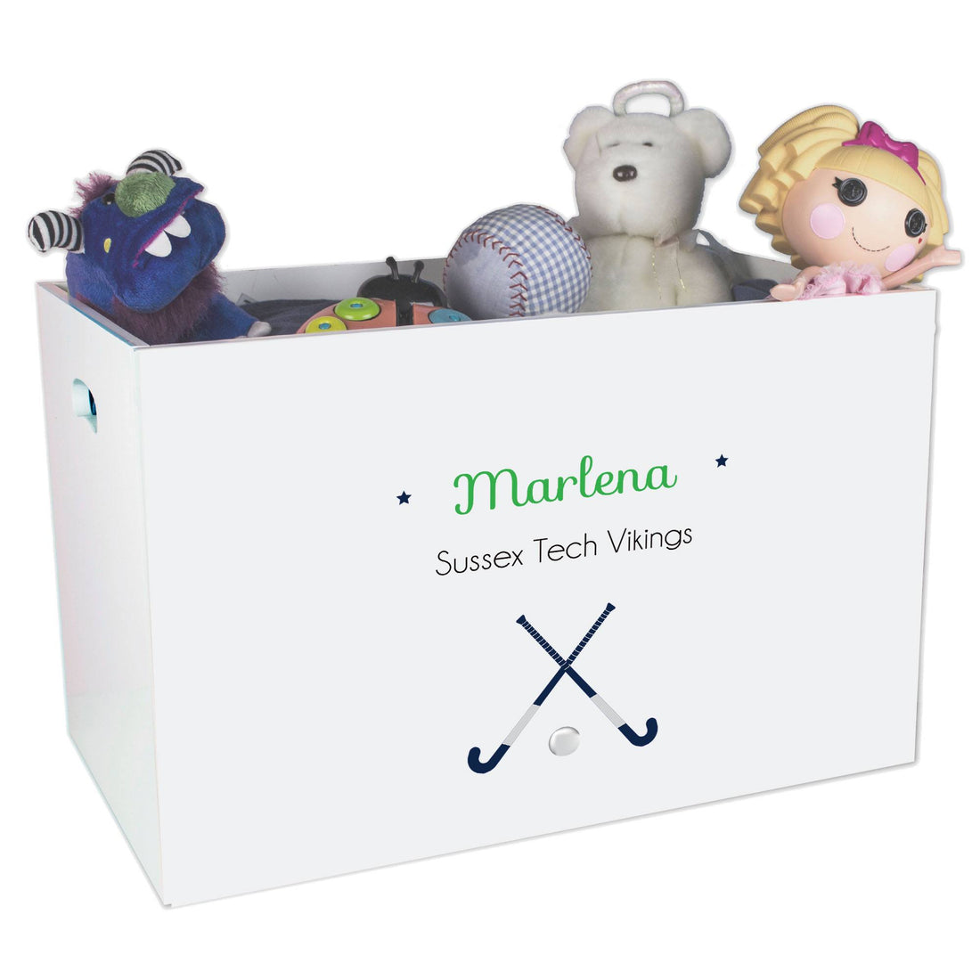 Open White Toy Box Bench with Field Hockey design