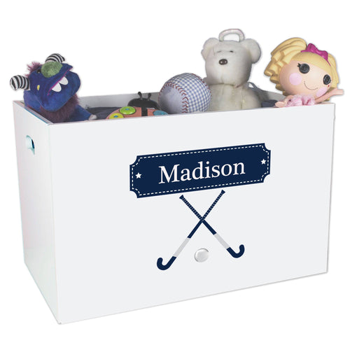 Open White Toy Box Bench with Field Hockey design