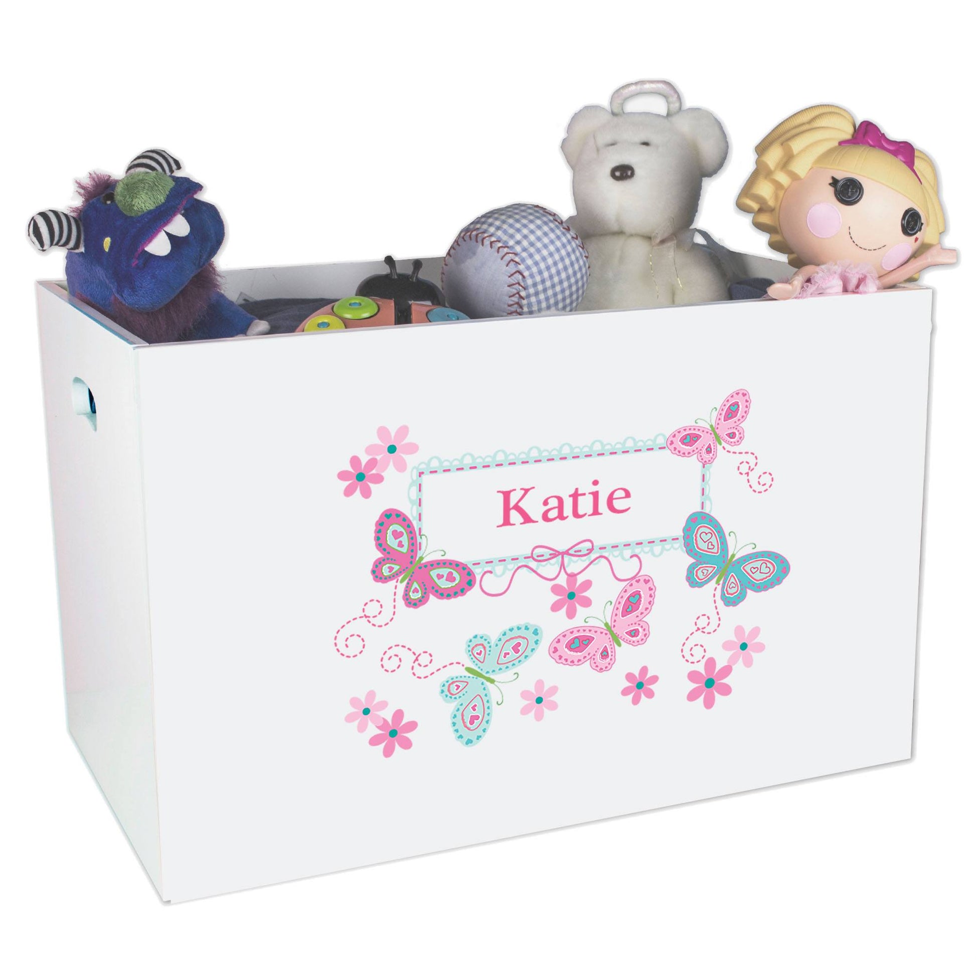 Open White Toy Box Bench with Butterflies Aqua Pink design