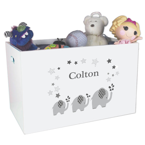 Open White Toy Box Bench with Gray Elephant design