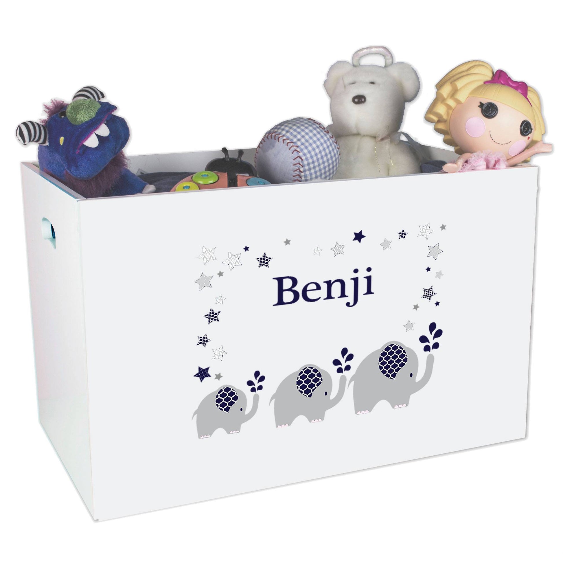 Open White Toy Box Bench with Navy Elephant design