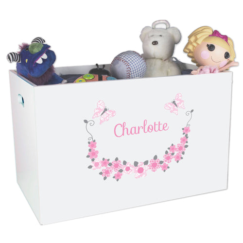 Open White Toy Box Bench with Pink and Gray Butterflies design