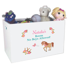 Open White Toy Box Bench with Ponies Prancing design