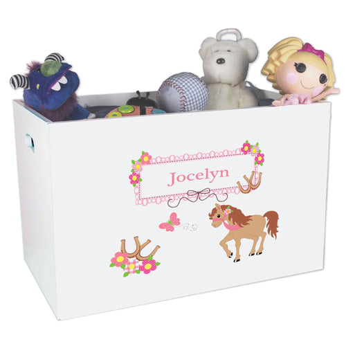Open White Toy Box Bench with Ponies Prancing design