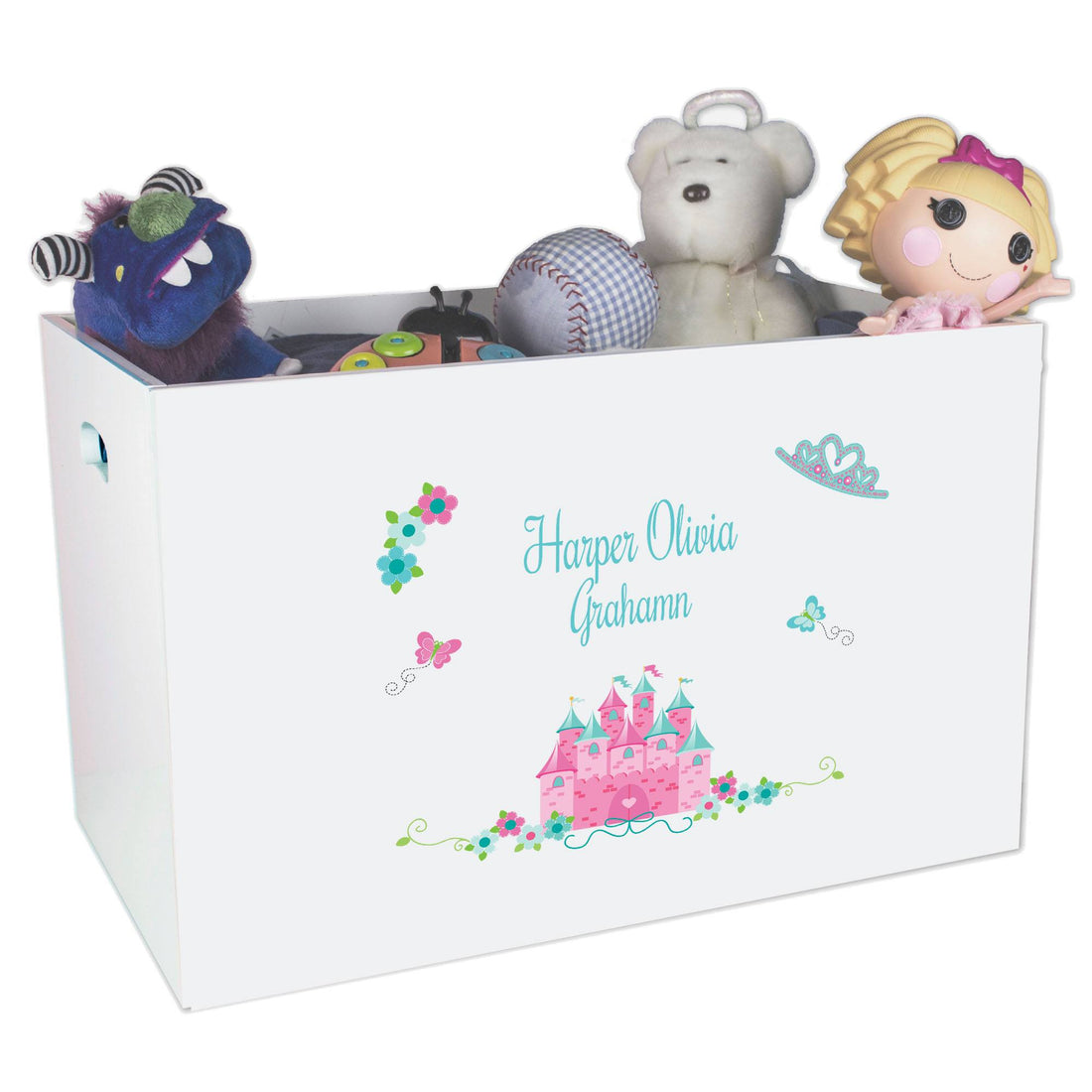 Open White Toy Box Bench with Pink Teal Princess Castle design