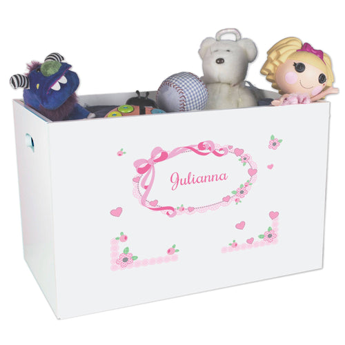 Open White Toy Box Bench with Pink Bow design