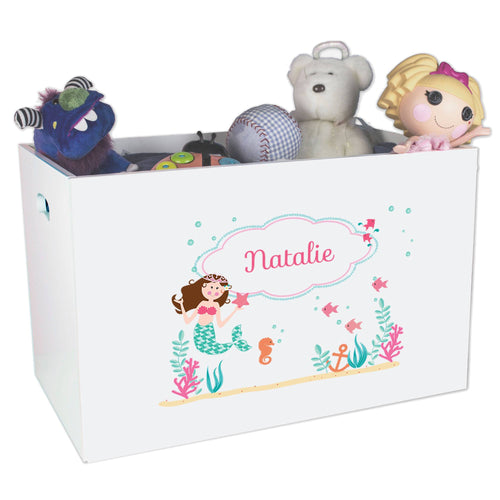 Open White Toy Box Bench with Brunette Mermaid Princess design