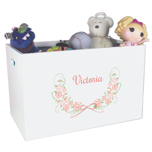 Open White Toy Box Bench with Blush Floral Garland design
