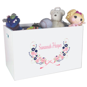 Open White Toy Box Bench with Navy Pink Floral Garland design