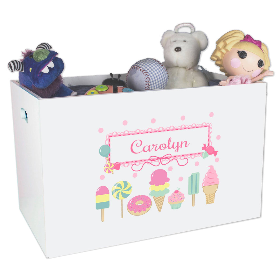 Open White Toy Box Bench with Sweet Treats design