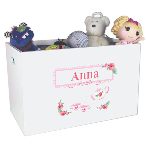 Open White Toy Box Bench with Tea Party design