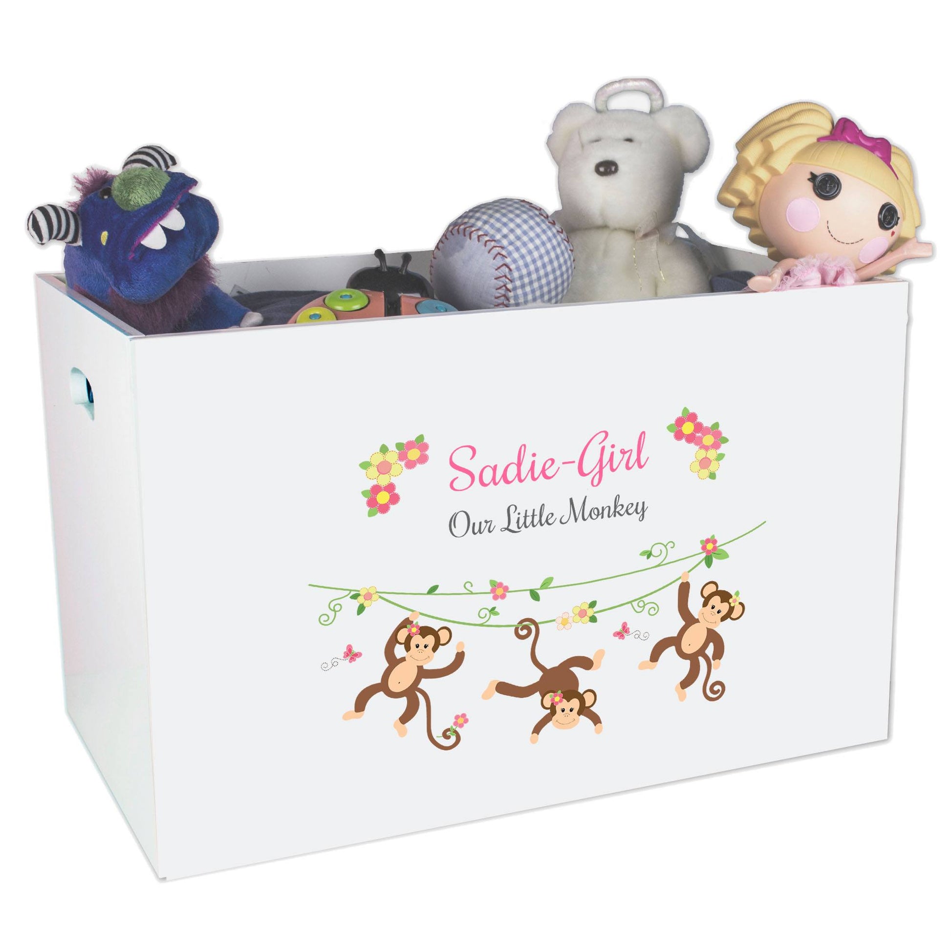 Open White Toy Box Bench with Monkey Girl design