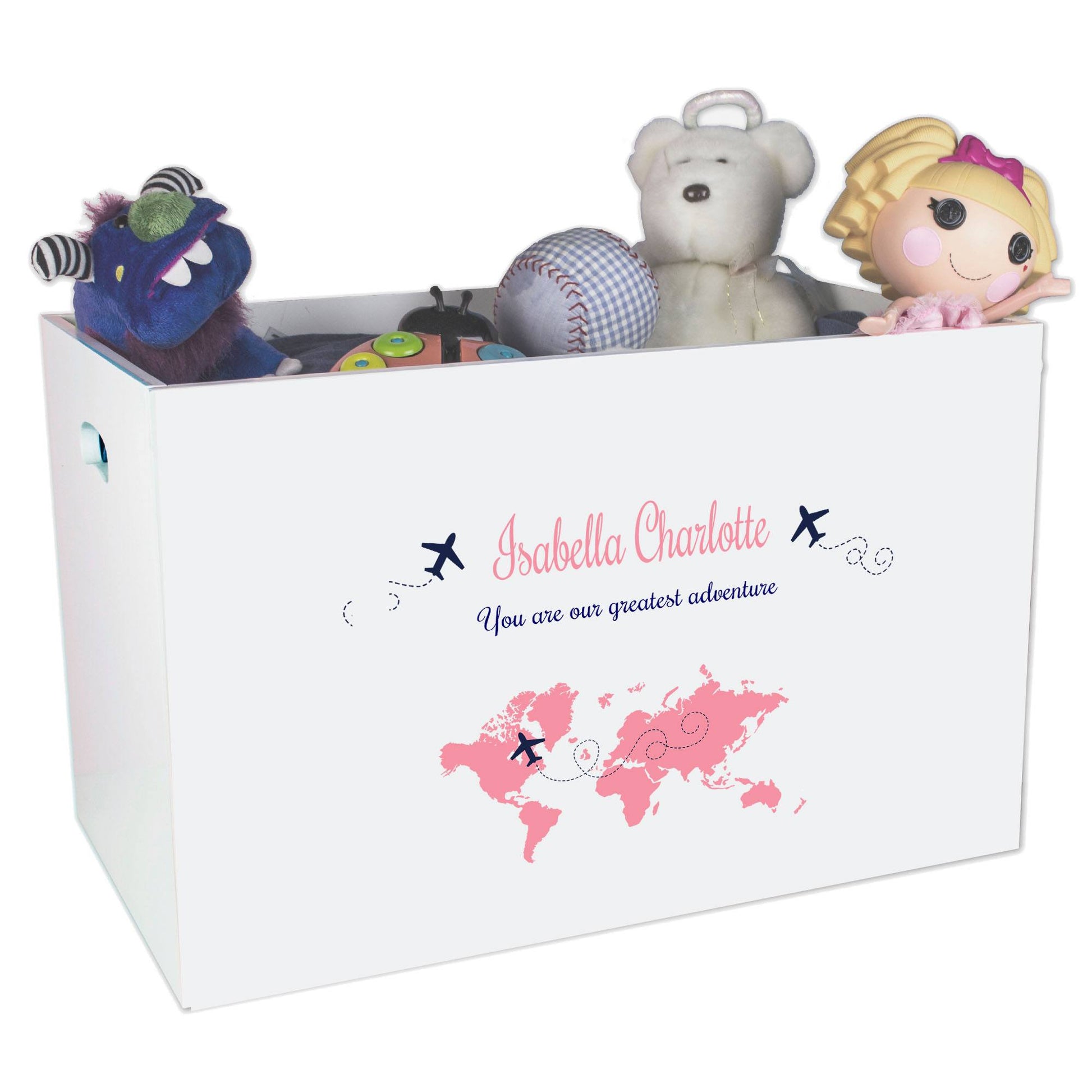 Open White Toy Box Bench with World Map Pink design