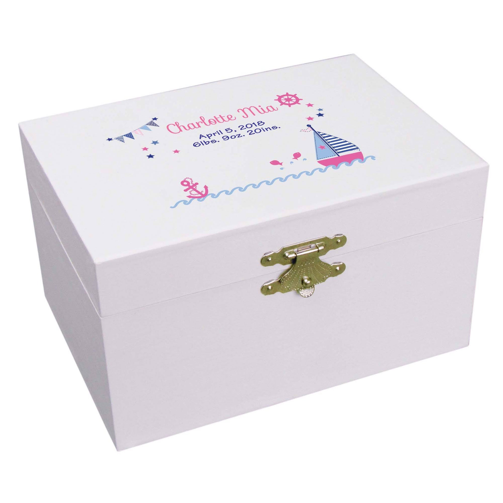 Girls Pink Navy Sailboat Personalized Ballerina Jewelry Box 