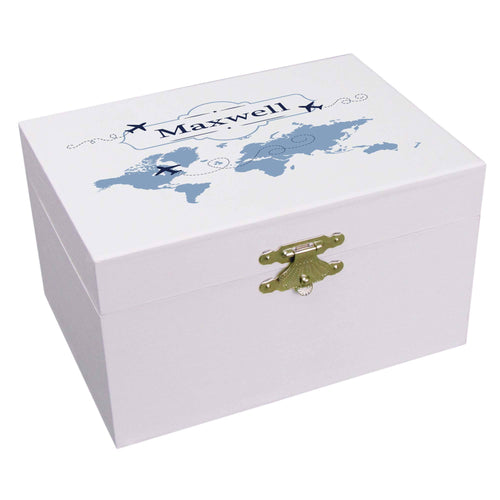 Personalized Ballerina Jewelry Box with World Map Blue design