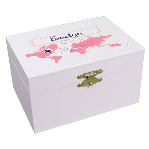 Personalized Ballerina Jewelry Box with World Map Pink design