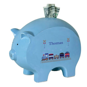 Personalized Blue Piggy Bank with Train design
