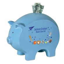 Personalized Blue Piggy Bank with Sports design