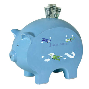 Personalized Blue Piggy Bank with Airplane design