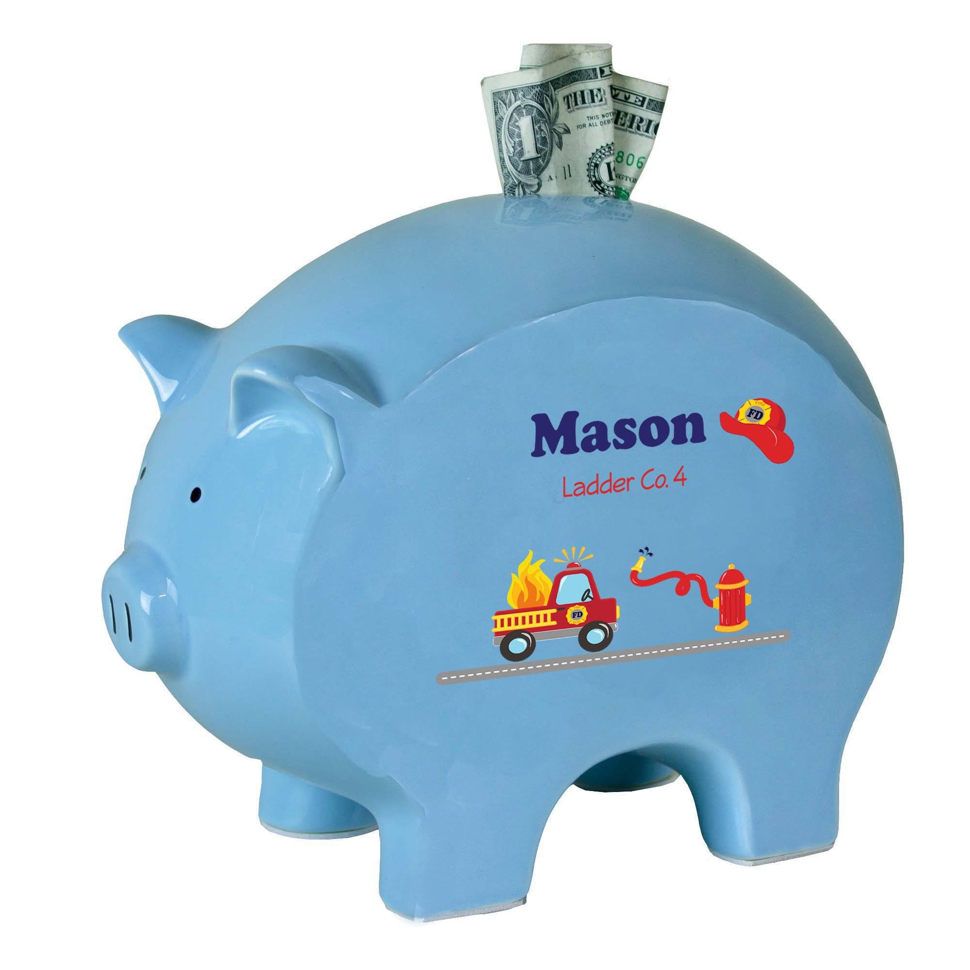 Personalized Blue Piggy Bank with Fire Truck design