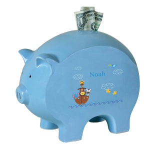 Personalized Blue Piggy Bank with Noahs Ark design