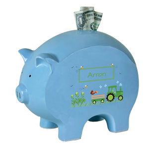 Personalized Blue Piggy Bank with Green Tractor design