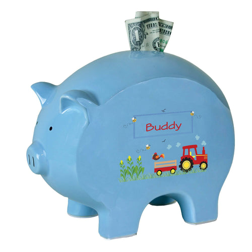 Personalized Blue Piggy Bank with Red Tractor design