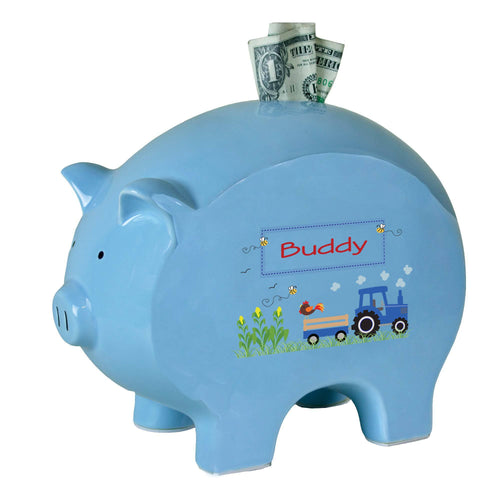 Personalized Blue Piggy Bank with Blue Tractor design