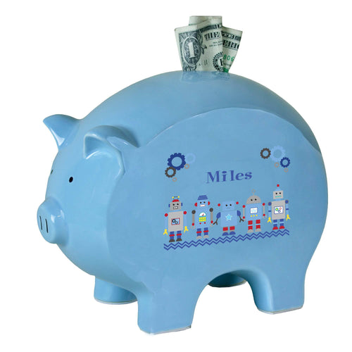 Personalized Blue Piggy Bank with Robot design
