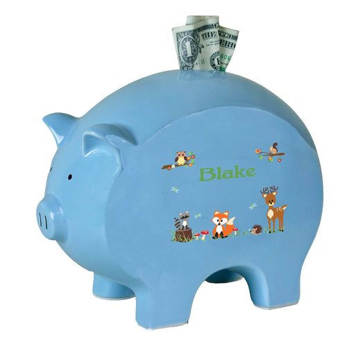 Personalized Blue Piggy Bank with Green Forest Animal design