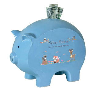 Personalized Blue Piggy Bank with Gray Woodland Critters design