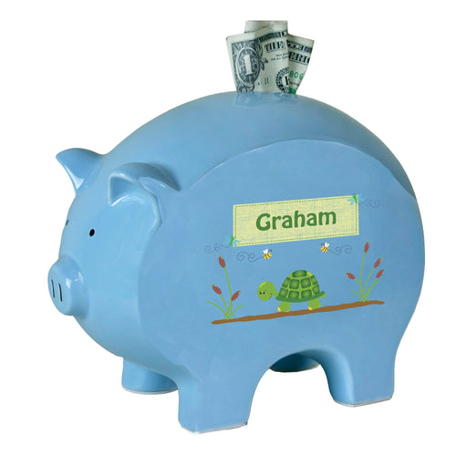 Personalized Blue Piggy Bank with Turtle design