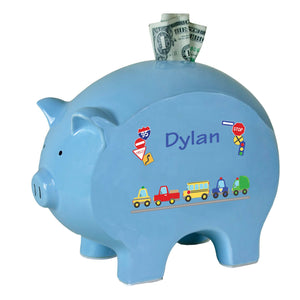 Personalized Blue Piggy Bank with Cars and Trucks design