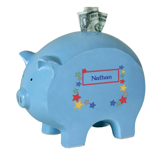 Personalized Blue Piggy Bank with Stitched Stars design