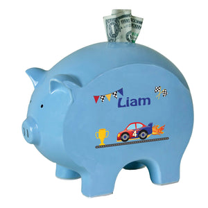 Personalized Blue Piggy Bank with Race Cars design