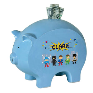 Personalized Blue Piggy Bank with Superhero design