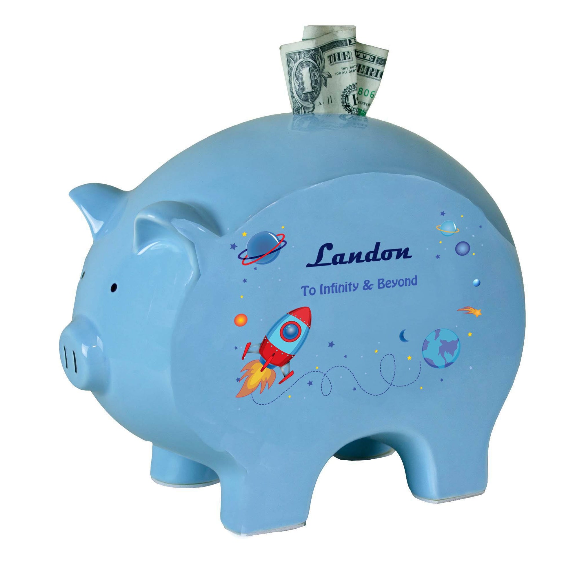 Personalized Blue Piggy Bank with Rocket design