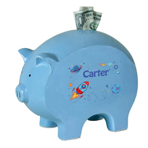 Personalized Blue Piggy Bank with Rocket design